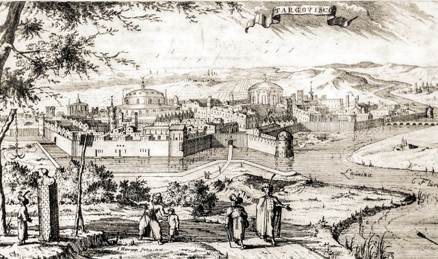 Detaliu dintr-o gravură înfățișând o imagine fantezistă a orașului Târgoviște 1668 de Jacobus Harrevijn